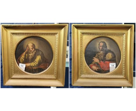 Pair of Old Master type portraits, in 16th/17th century style, oils on panel. 23cm dimeter approx. in 19th century gilt frame