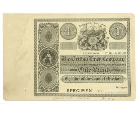 Scotland, British Linen Company, 1863 £1 Specimen Note, dated 1st March 1863, payable to William Spence, uniface black print,