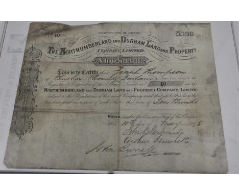 Share Certificate for The Northumberland and Durham Land and Property Company Limited, £100 share 1875, no. 40 dated 10th May