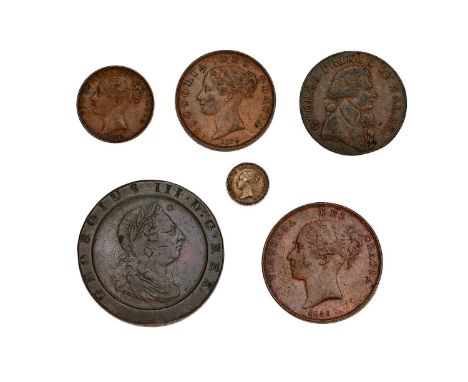 Assortment of British Copper Coins, 6 in total (one silver) comprising: George III, 'cartwheel' twopence 1797; not too many o