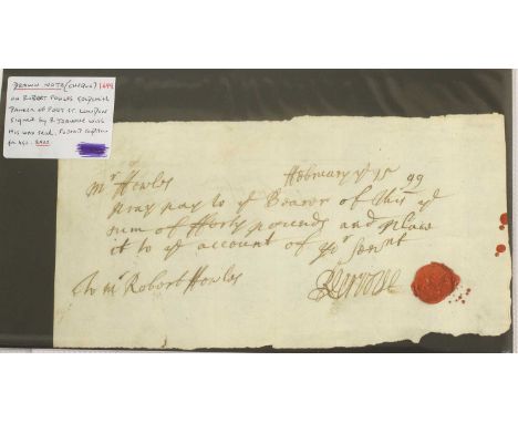 Robert Fowles, Written Cheque 1699, a cheque for the amount of £40 drawn on Robert Fowles, goldsmith banker of Fleet St. Lond