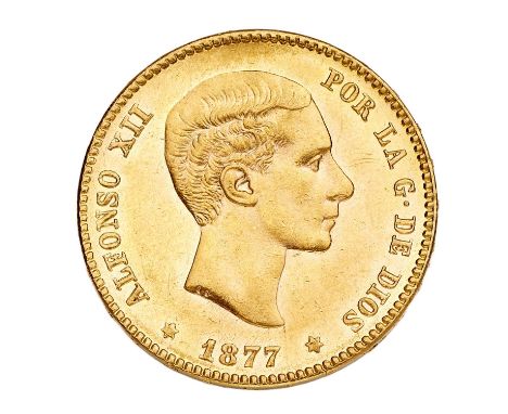 Spain, 25 Pesetas 1877, (.900 gold, 24mm, 8.07g) obv. bust of Alfonso XII right, rev. crowned mantled arms, (KM#673); some li