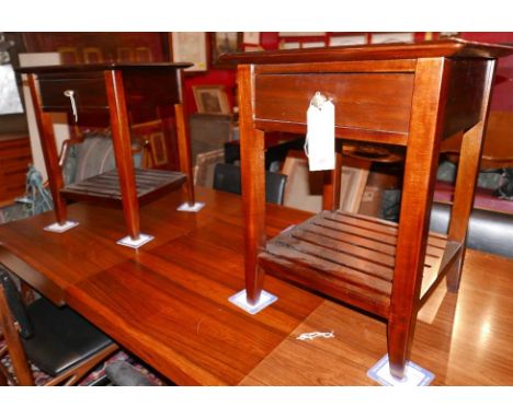 A pair of mahogany side tables with single frieze drawer over slatted undertier shelf, H.60cm W.46cm D.46cm (2) 