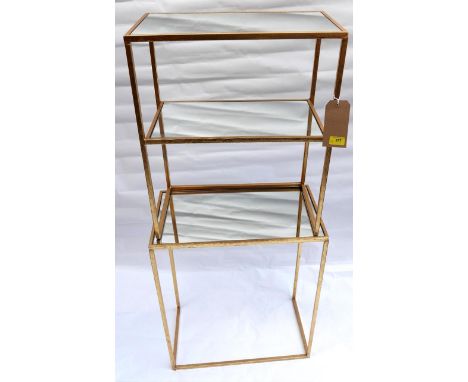 A matched pair of contemporary gilt metal side tables with mirrored tops, one with under tier mirrored shelf, H.61cm W.51cm D
