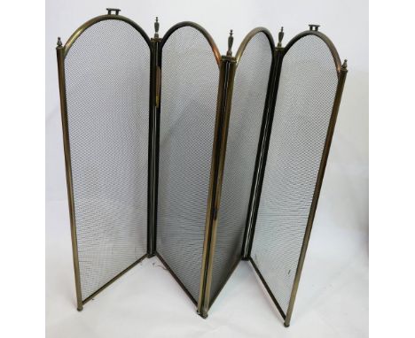 An arched metal four-fold fire screen with finial tops, 80 x 120cm, a brown leather suitcase 9 x 35 x 22.5cm and a vintage me