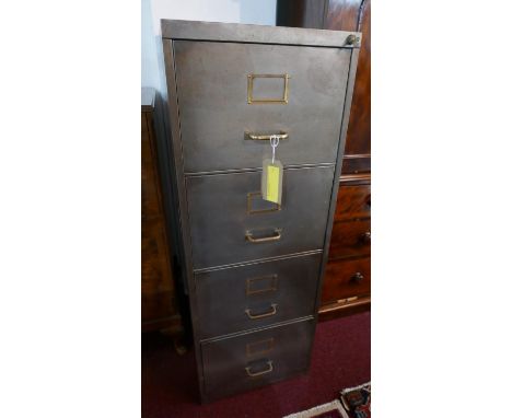 A vintage four drawer metal filing cabinet with brass handles, H.134 W.37 D.62cm 