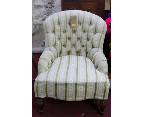 A late 19th century mahogany button-back chair with turned legs and cream and green striped upholstery, 79 x 60 x 60cm 