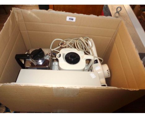 A box containing a vintage Goblin Teasmade - sold with an early plastic Morphy-Richards hairdryer