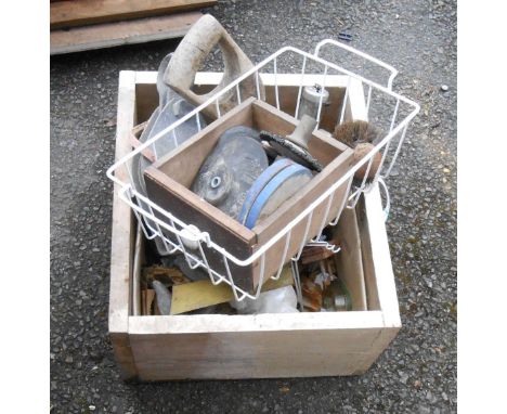 A wooden drawer containing a quantity of tools and other collectable items including gauges, dibber, large pulley, polishing 