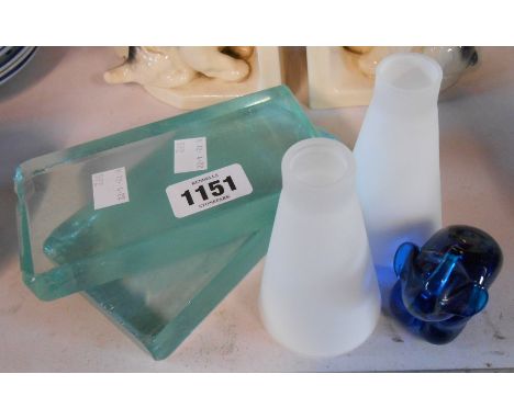 Two vintage glass lamp prisms, a blue glass lampwork elephant and two small frosted glass shades