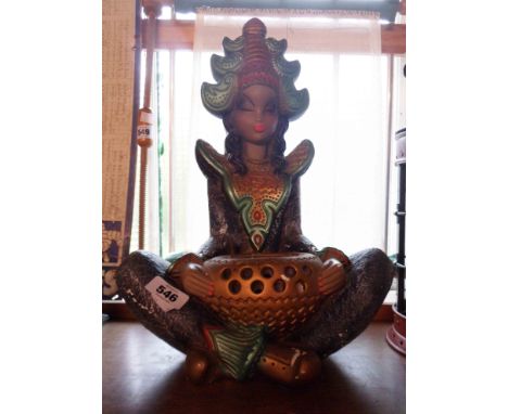 A vintage Art Deco Pottercraft painted plaster figural table lamp in the form of a Thai girl holding a bowl - light fitting m