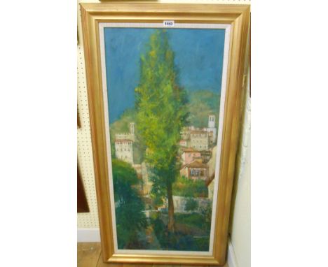 †William Birnie: a gilt framed oil on board entitled 'Evening Light, Gubbio' - signed and dated '93 - 100cm X 44cm