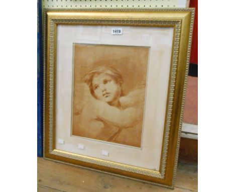 A gilt framed sepia print, depicting a portrait of a classical child