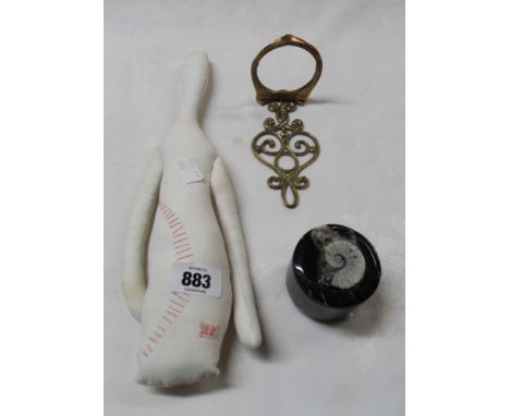 An artist made sewn and stuffed abstract form Poppet doll - sold with a carved stone pot with ammonite lid and a brass bracke