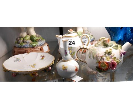 A small quantity of Dresden miniature items comprising flower encrusted teapot, hot water jug and dish and a hand painted bot