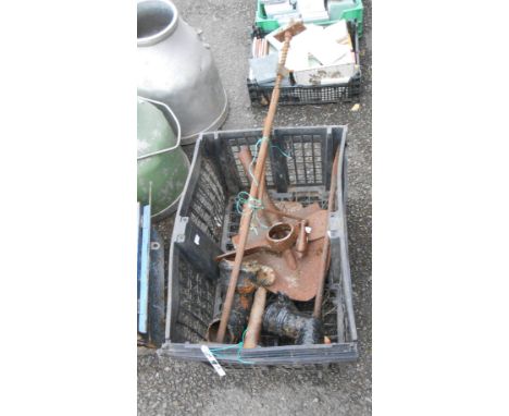 A crate containing a quantity of assorted tools and metalware including a Victorian table winder and handle, etc.