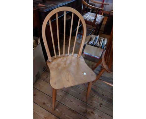 A set of four vintage Ercol light elm hoop stick back kitchen chairs, set on simple turned supports - finish poor
