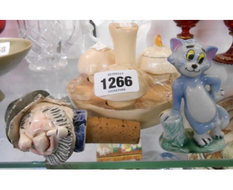 A vintage Carltonware mushroom form cruet, a Wade porcelain Tom and a Will Young style bottle stopper