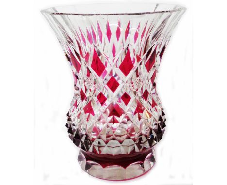 A large vintage Val St Lambert crystal vase of footed thistle form with ruby flash hand cut diamond point and facet pattern