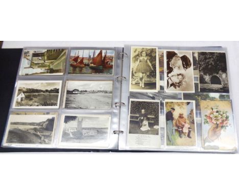 A burgundy ring bound album containing a collection of early 20th Century and other postcards including local and other topog