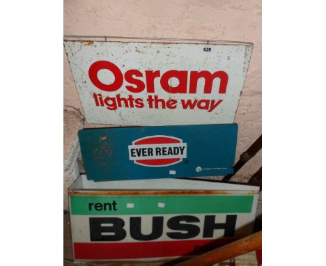 A vintage printed tin Osram Lightbulbs advertising sign - sold with a plastic Ever Ready similar and a perspex Rent Murphy Co