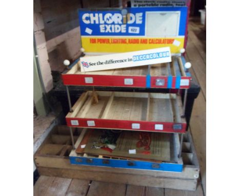 A small quantity of assorted advertising signs including Chloride Exide battery stand, Deccacolour table stand and vintage Pe