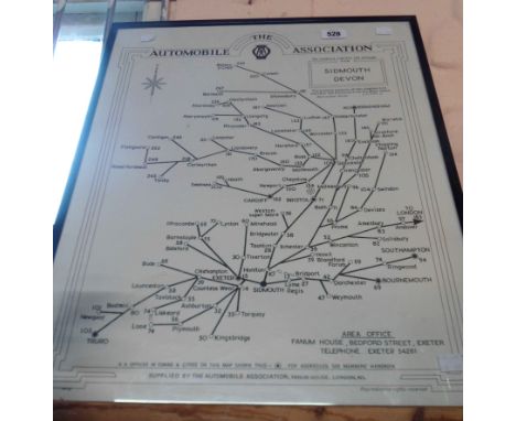 A vintage AA map depicting a skeleton road map of southern England and Wales with mileage distance from Sidmouth, Devon in bl