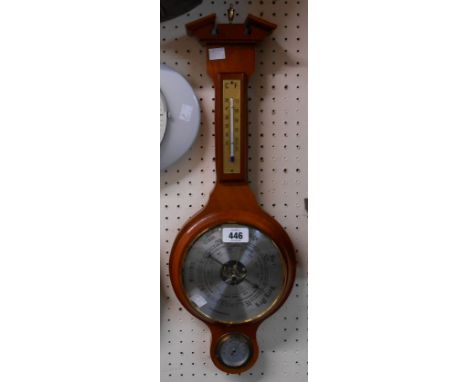 A small stained wood cased Weathermaster banjo barometer/thermometer with visible aneroid works and hygrometer dial under - p
