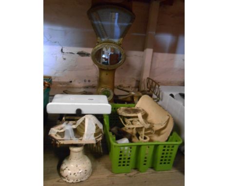 An old set of cast iron Avery scales with ceramic pan and set of brass weights - sold with another similar with metal pan and