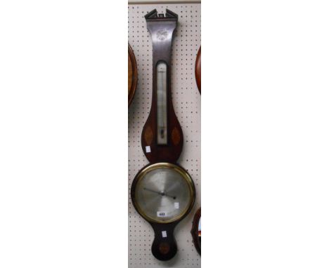 A 19th Century inlaid mahogany cased banjo barometer/thermometer with silvered dial mark for J. Croce - mercury works incompl