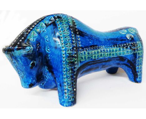 A large mid Century Bitossi Italian pottery bull figurine with impressed geometric pattern and turquoise blue glaze