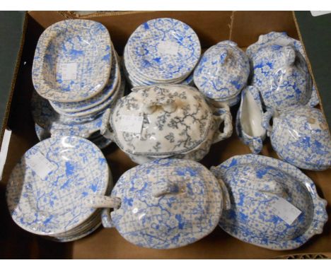 A box containing a large quantity of Victorian miniature child's dinnerware including soup tureens, ladle and stands, vegetab