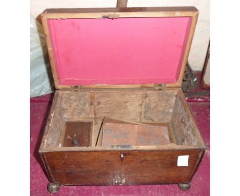 A Victorian mixed wood veneer tea caddy with inlay and stringing, set on four decorative ball feet - for restoration