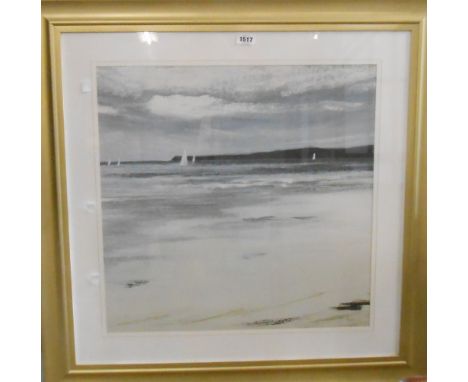 Sabrina Roscino: a modern gilt framed large format print on textile, depicting a seascape with yachts in background