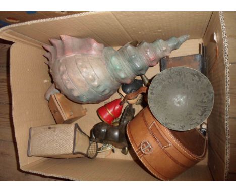 A box containing a quantity of assorted collectable items including leather collar and stud box, brass Canterbury cross door 