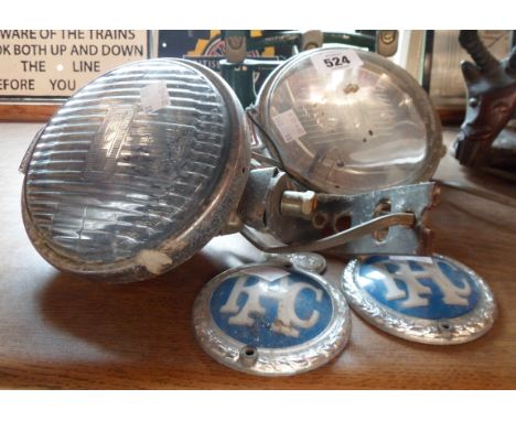 Two vintage Lucas chrome car lamps - sold with two lucite RAC badges