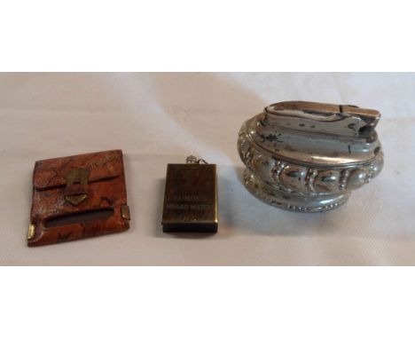 A Ronson 'Crown' silver plated table lighter, a modern vesta and a leather matchbook pouch with Spitfire matchbook