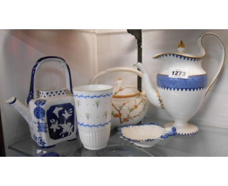 A Wedgwood Queensware teapot in the Japonesque style with coloured enamelled prunus decoration - sold with a Wedgwood bone ch