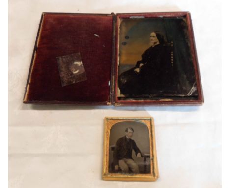A late Victorian leather cased colour tinted photographic portrait plate of a seated woman - sold with two other miniature ph