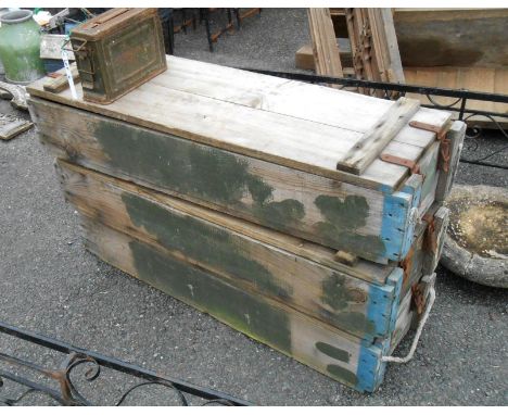 Three large wooden ammunition boxes with remains of original green paint - sold with a small metal similar