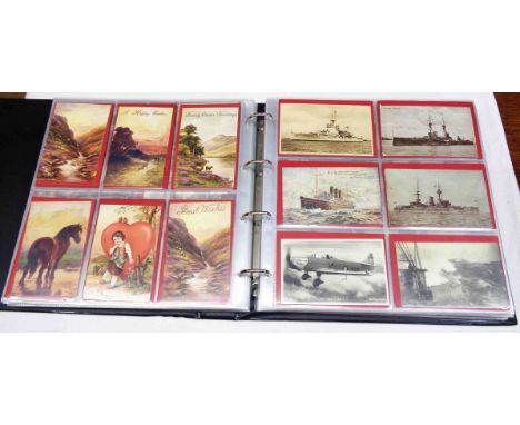 A black ring bound album containing a large collection of early 20th Century and other postcards including aviation, maritime