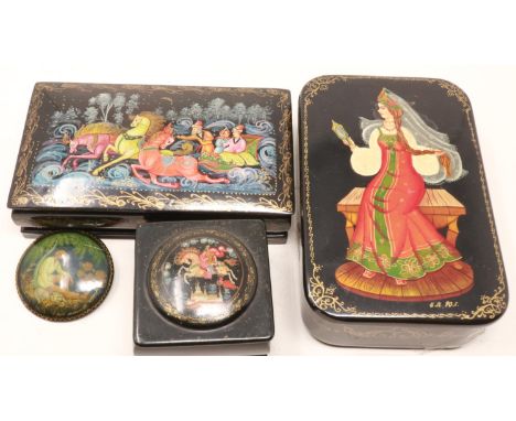 Three Russian lacquered boxes and a brooch, largest box 140 x 80 mm. UK P&amp;P Group 2 (£18+VAT for the first lot and £3+VAT