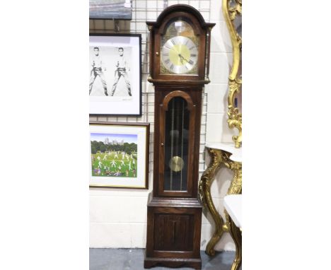 20th century German longcase clock in panelled oak case with pendulum display door, not working at lotting, weights lacking c