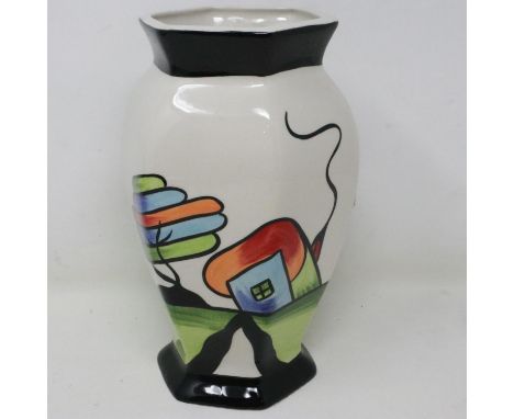 Lorna Bailey hexagon vase in the Fantasia Cottage pattern, no chips or cracks, H: 22 cm. UK P&amp;P Group 2 (£20+VAT for the 