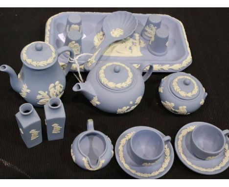 Fifteen pieces of Wedgwood Jasperware miniatures including a tea seat, and a trinket dish (16), no chips or cracks, largest L