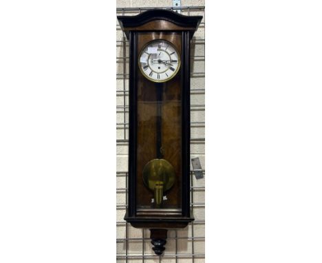 Early 20th century Bavarian Vienna style wall clock with enamelled dial and single weight, not working at lotting. Not availa