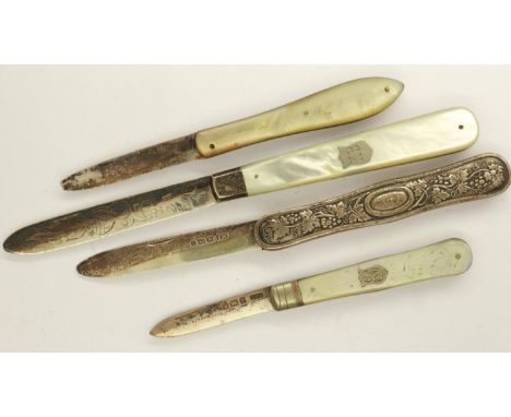 Four hallmarked silver bladed fruit knives, three with mother of pearl handles. UK P&amp;P Group 2 (£20+VAT for the first lot