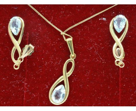 9ct gold stone set pendant necklace and earring suit, chain L: 40 cm, 1.3g. UK P&amp;P Group 1 (£16+VAT for the first lot and