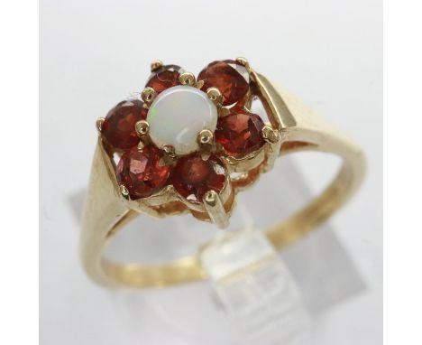 9ct gold cluster ring set with opal and garnet, size M/N, 2.3g. UK P&amp;P Group 0 (£6+VAT for the first lot and £1+VAT for s