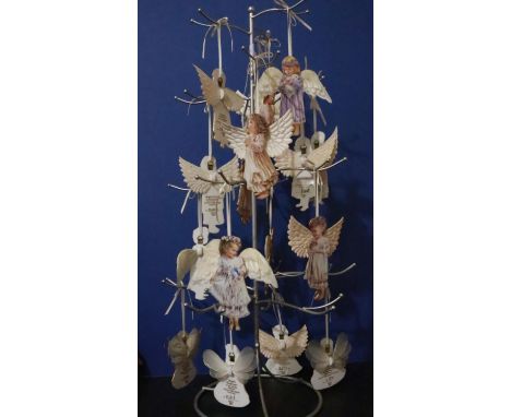 Metal tree stand with ceramic angel Christmas ornaments by Dona Gelsinger, H: 66 cm. UK P&amp;P Group 3 (£30+VAT for the firs